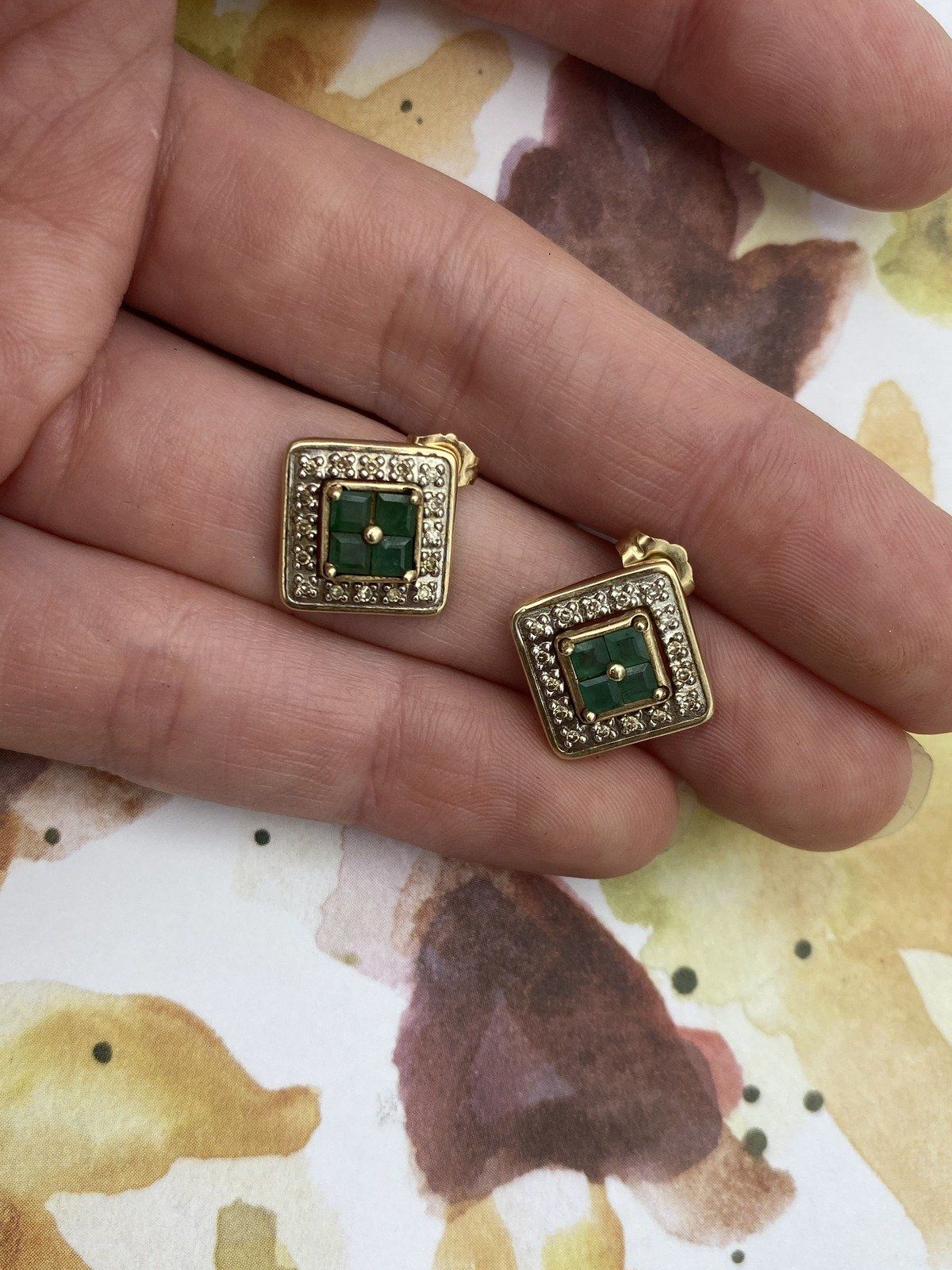 Squared 14k Gold Diamond Framed Princess Cut Emerald Stud Stud Earrings #2934 9