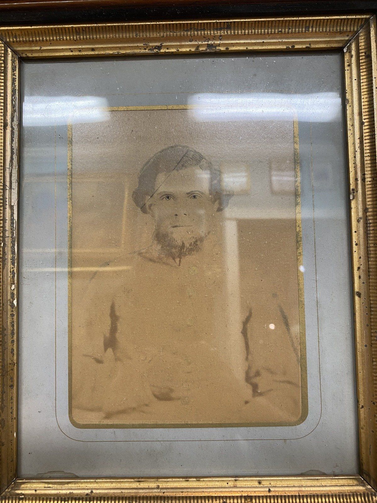 c.1890 Graphite + Printed Hand Detailed Portrait of Man in Deepwell Gilt Frame 14X12 2