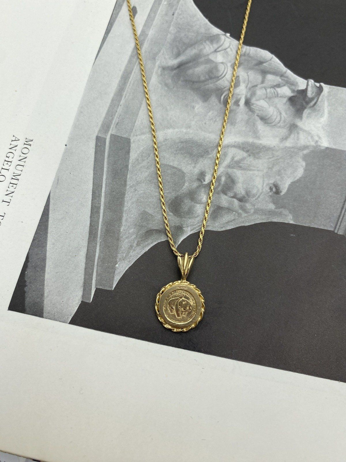 Vintage c.1980s Panda Copy Coin 10k Gold Replica 18L Drop Necklace 6