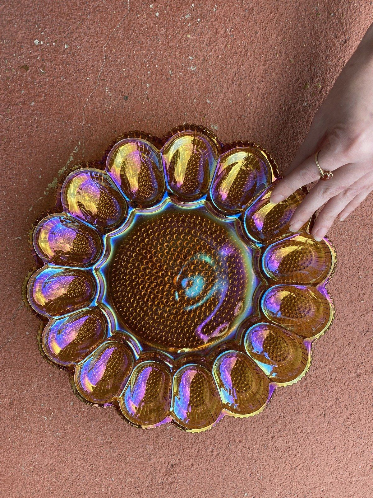 Marigold Vintage Carnival Glass Deviled Egg Scalloped + Hobnail Platter 8