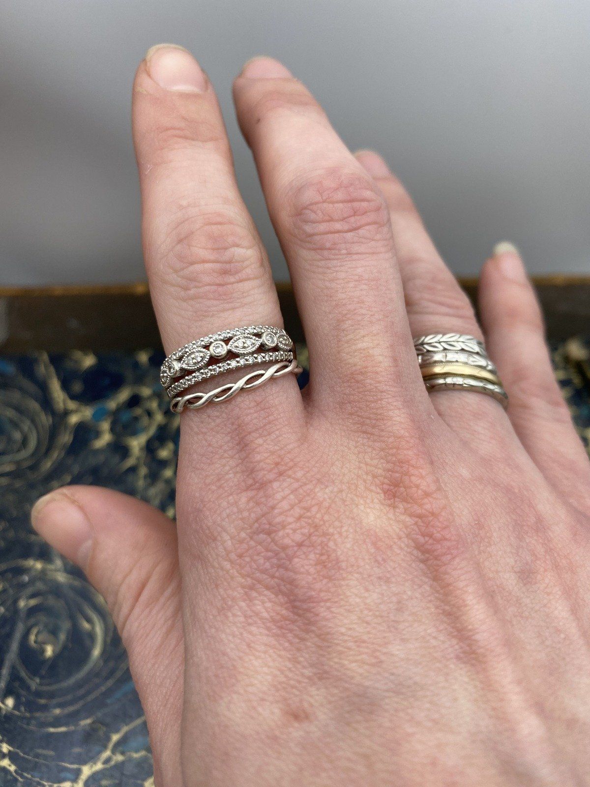 10k White Gold Pave + Bezel Set Diamond Textured Ring Band 4