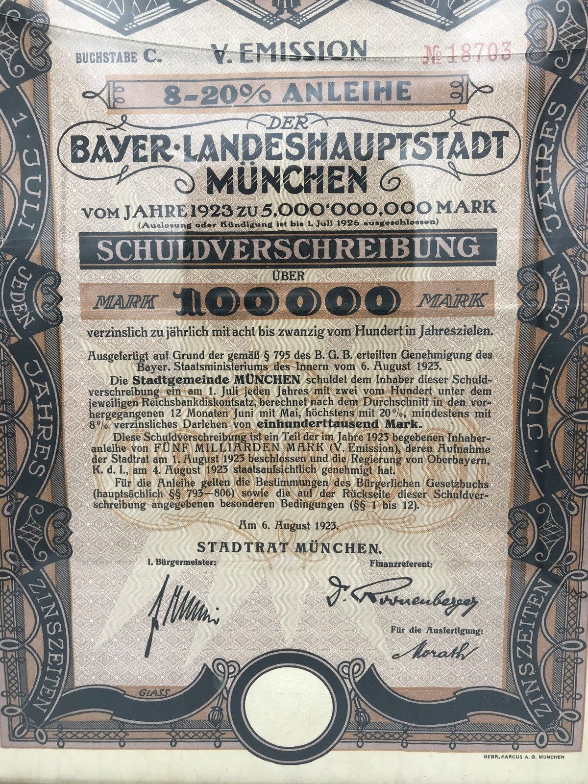 Framed German Bond Policy c1923 100,000 Mark Illustrated by Glass 2