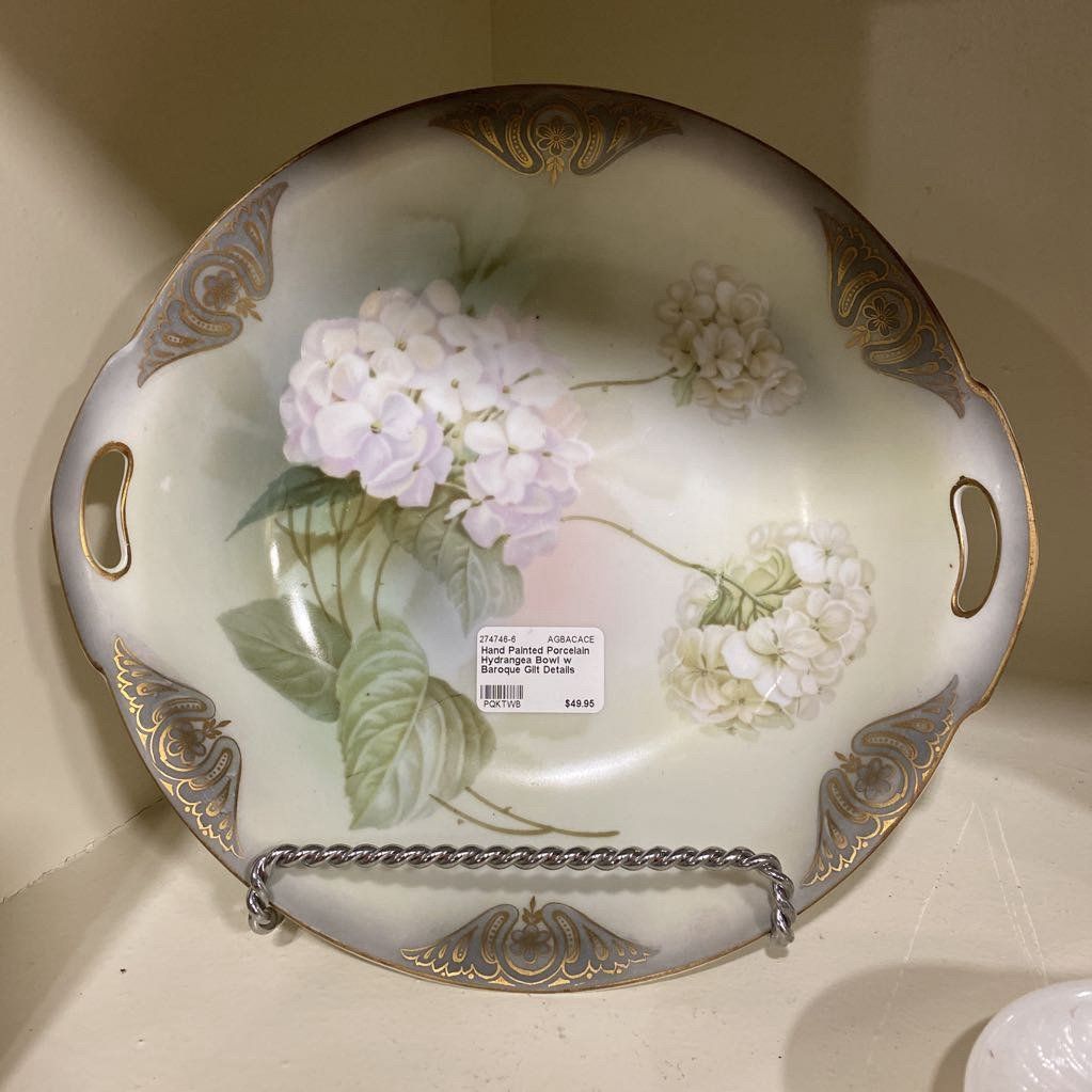 Hand Painted Porcelain Hydrangea Bowl w Baroque Gilt Details