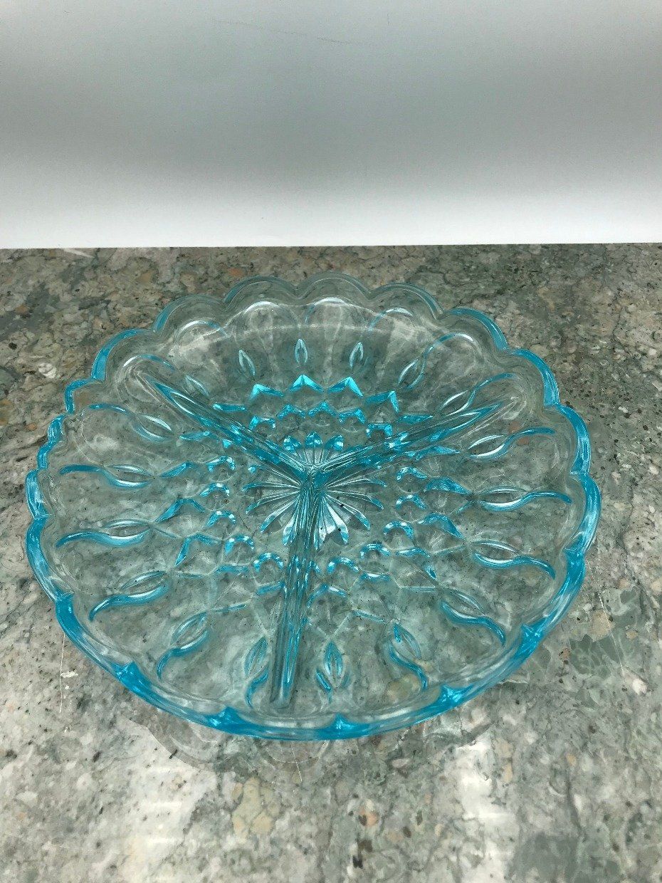 Aqua Blue Pressed Glass 3 Part Divided Plate