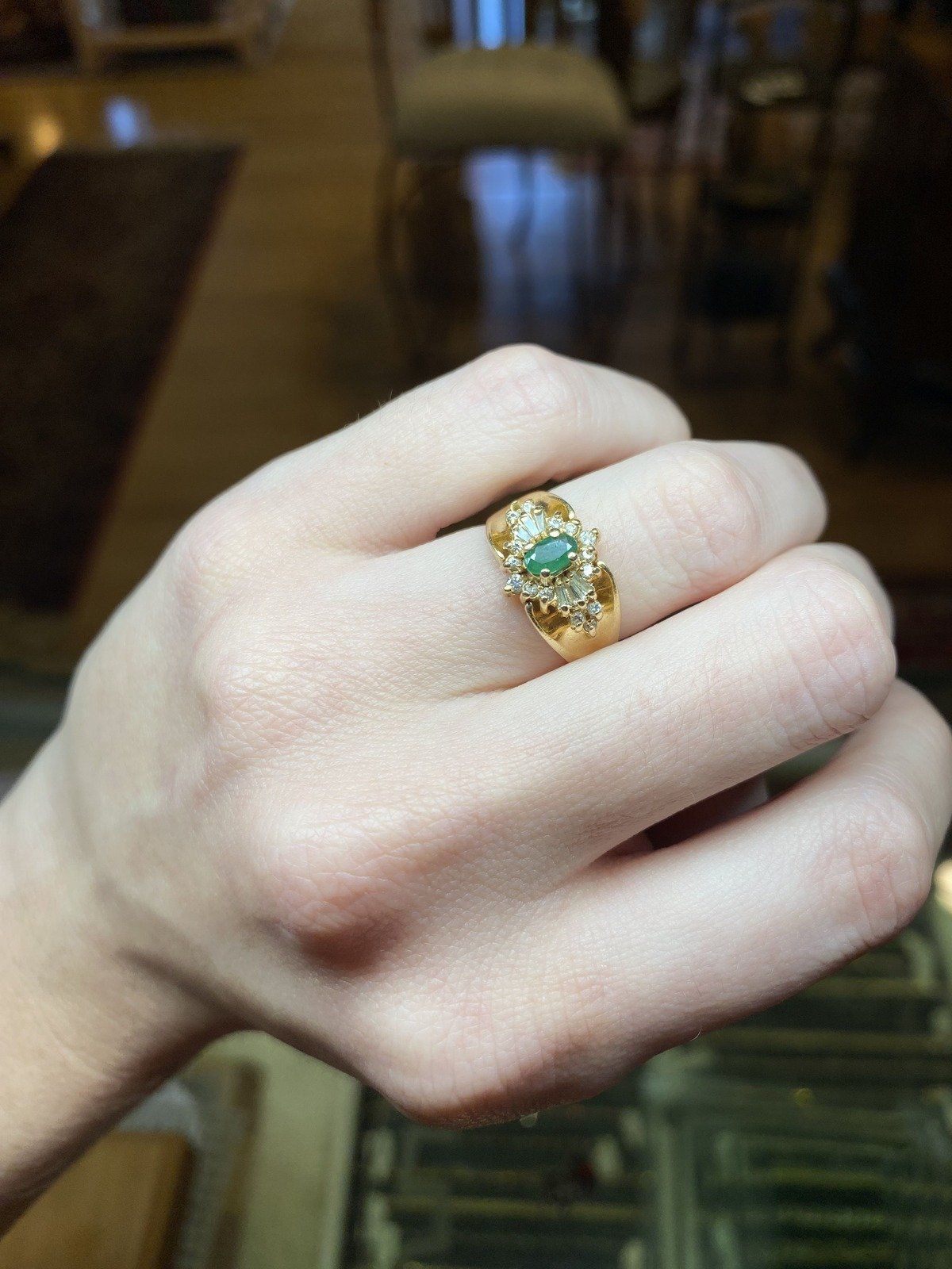 Vintage 14k Gold Emerald + Baguette Diamond Burst Ring w Taper Cupped Shoulders #2533 9