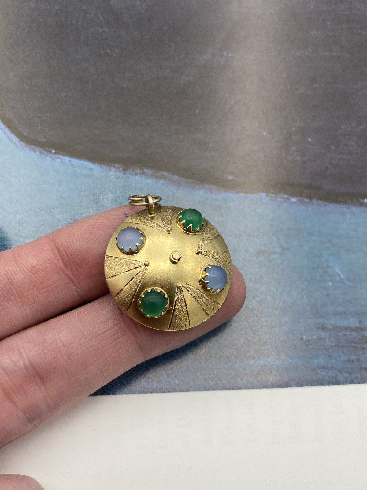 Cool Kinetic 18k Gold Vintage Mid Century c.1950s Roulette Wheel Casino Charm w Enamel Details + Green & Blue Chalcedony Posterior 9