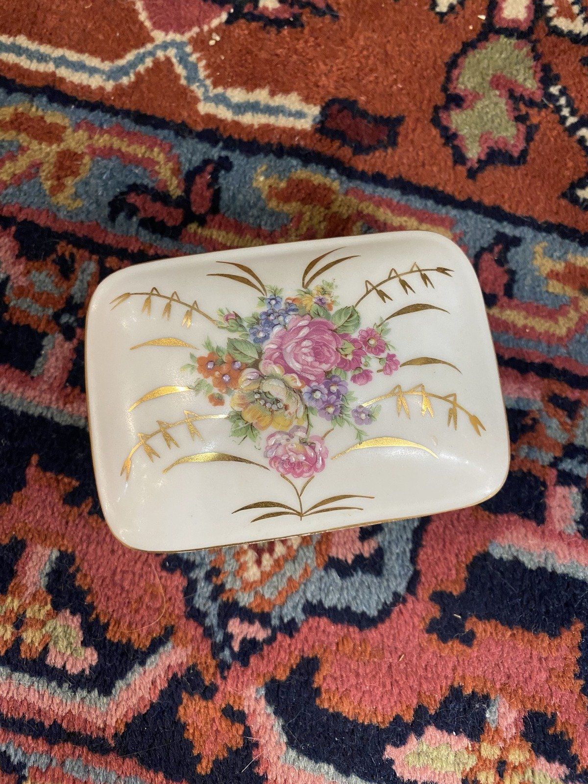 Vintage Limoges France Porcelain Wheat + Rose Trinket Box No.802 2