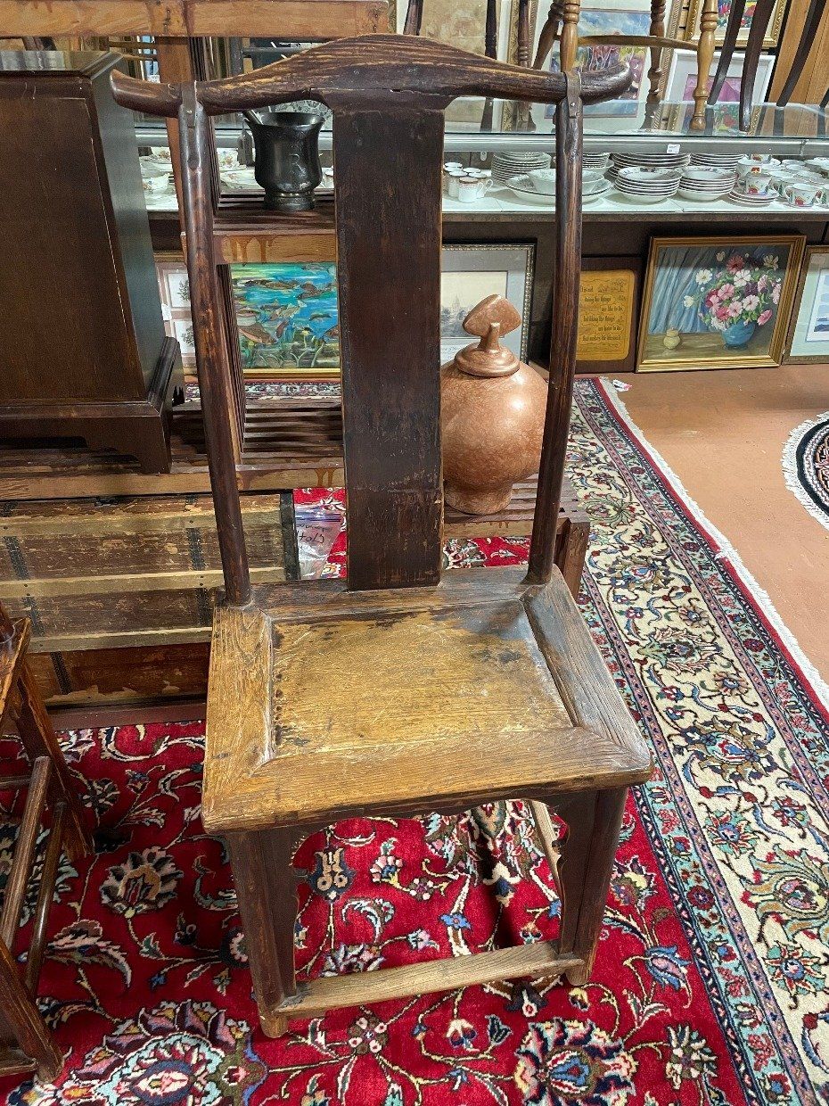 Single Armless 19th Century Chinese Oak Empire Chair w Metal Binding Detail