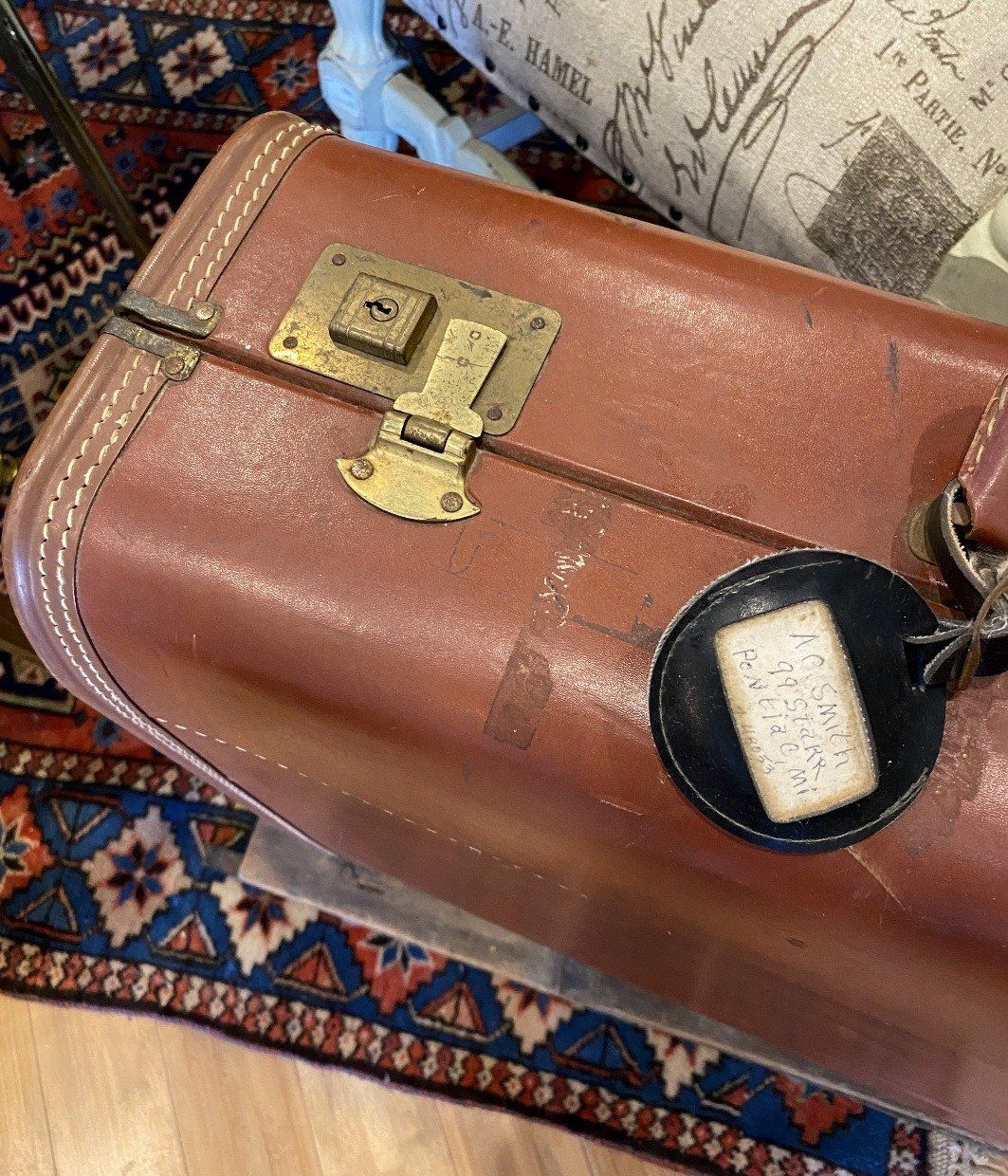 1950s Vintage Leather Suitcase (Locked) 18x24 3