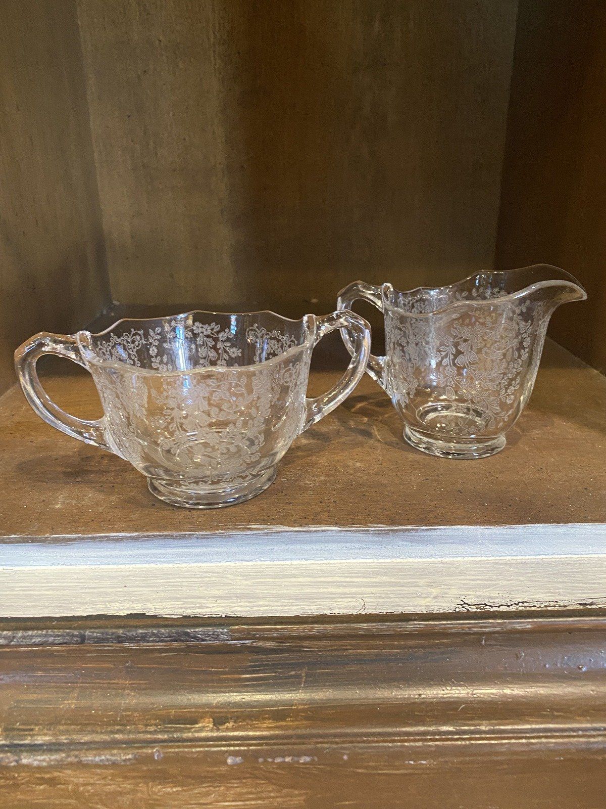 Pair of Delicately Etched Floral Sugar + Creamer