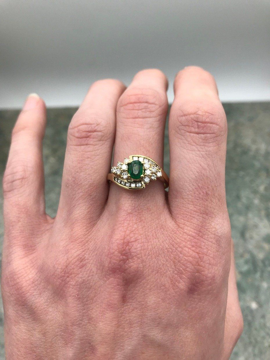 14k Gold .4ct Emerald + Diamond Eye Ring 5