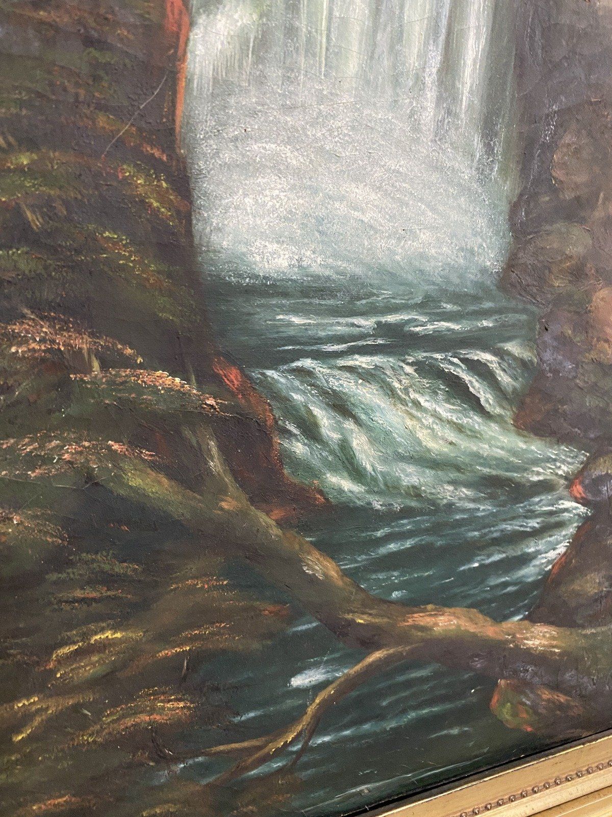 Vintage Original Oil Painting of Cliffside Waterfall - Unsigned - 53x21 5
