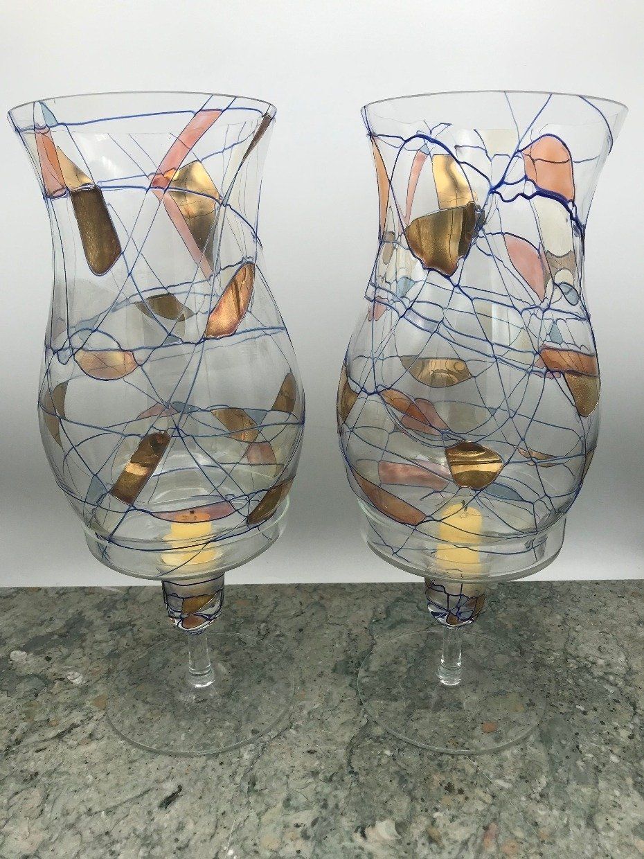 Pair Mouth Blown Glass Hurricane Glove Candle Holders