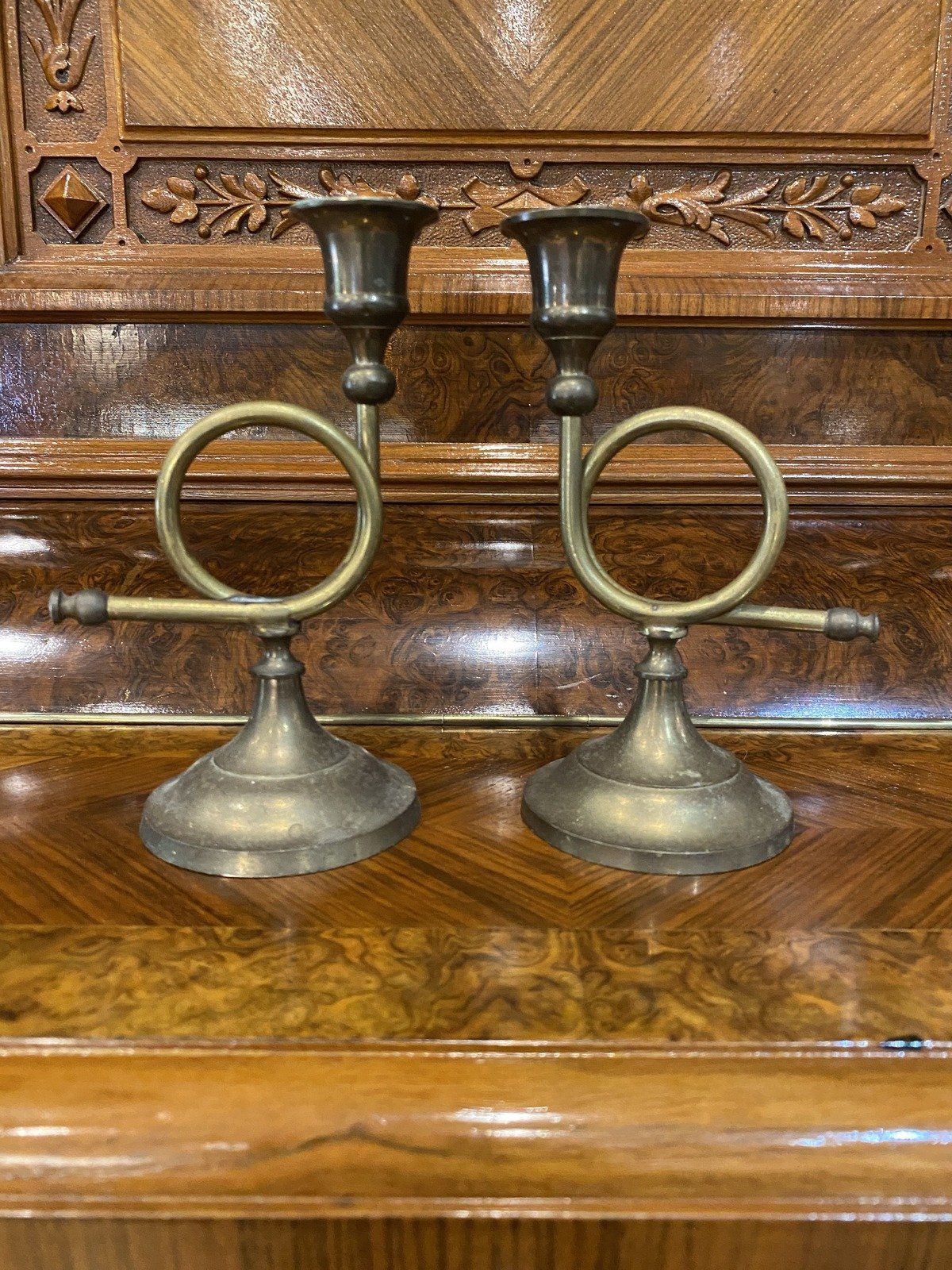 Brass Pair of Trumpet Candle Stick Holders 2