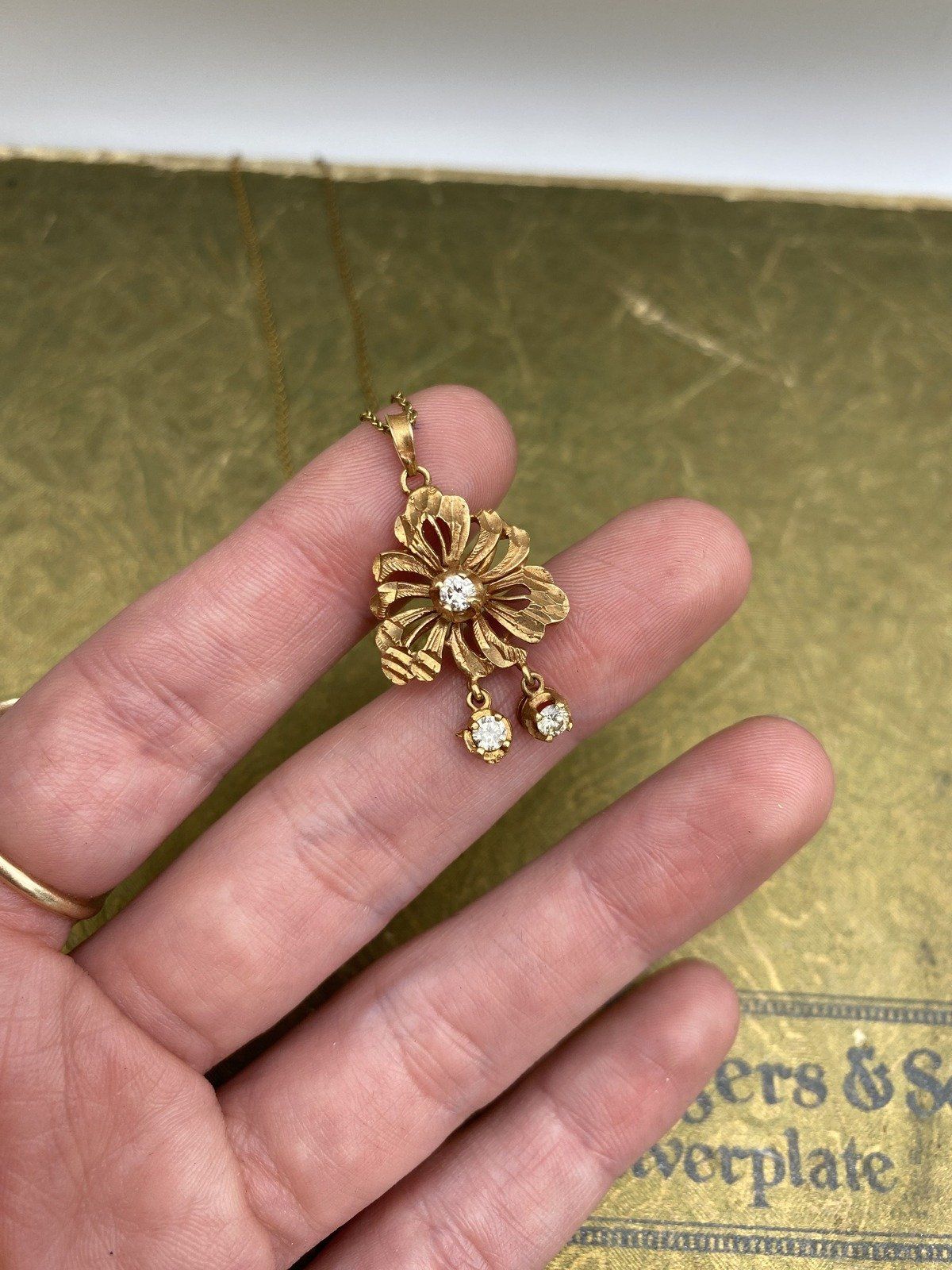Antique Victorian 18k Gold Flower 18L Drop Necklace w Diamond Center + Charms 2