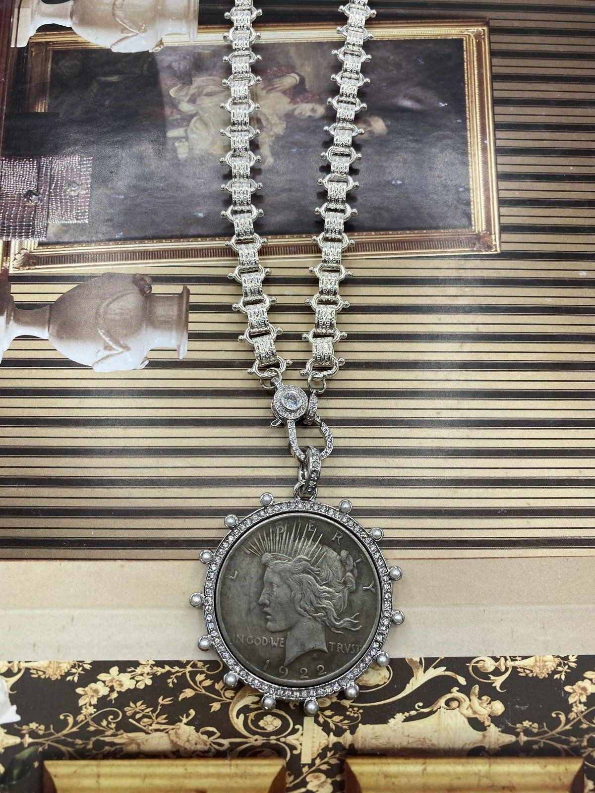 Laura Hackney c.1922 Silver Peace Dollar + CZ Bookchain Necklace 2