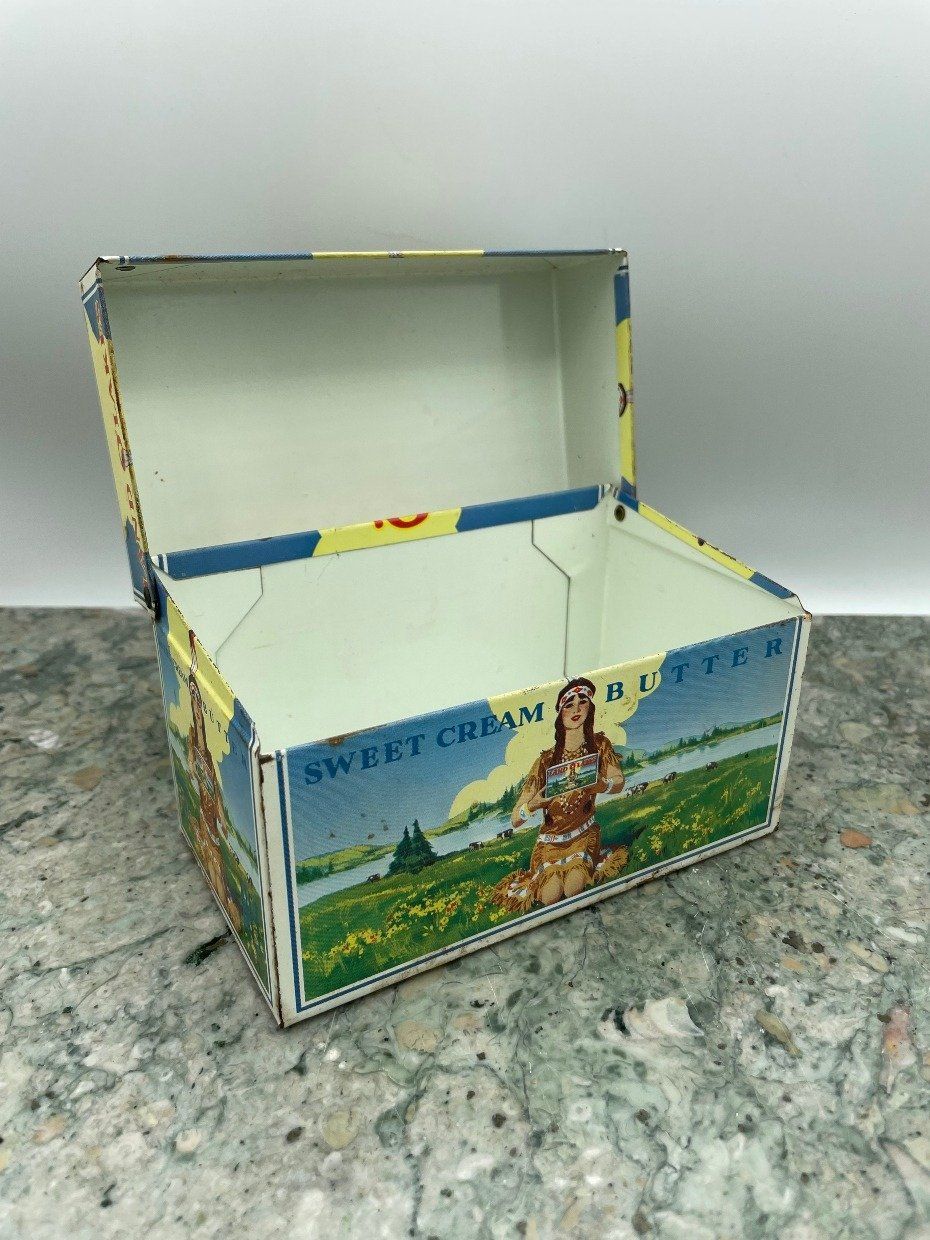 RARE Vtg Land O'Lakes Sweet Cream Butter Advertisement Tin w Indian 2