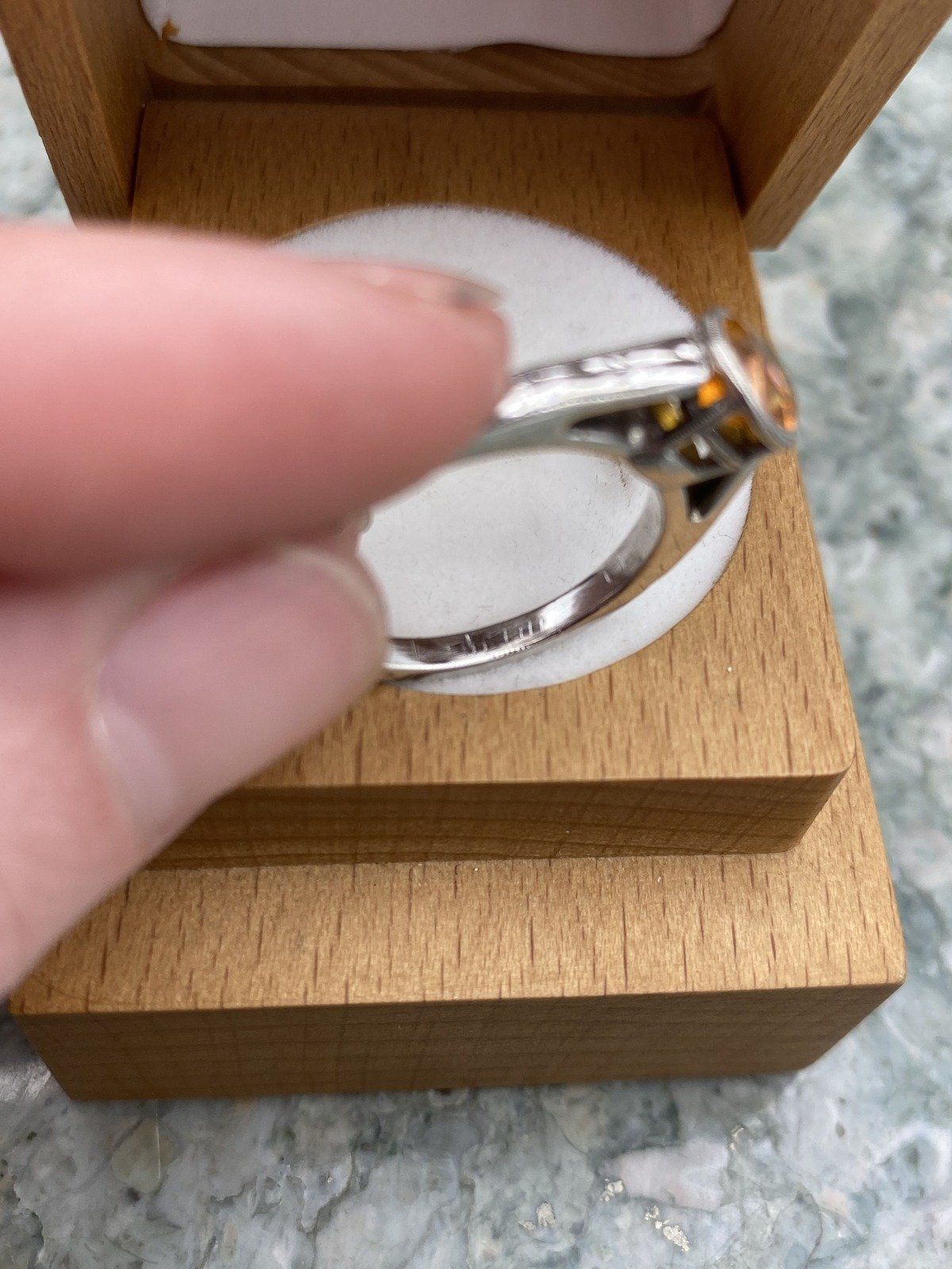 Spessartine Orange Garnet 14k White Gold Bezel Set Ring w Carved Band 3