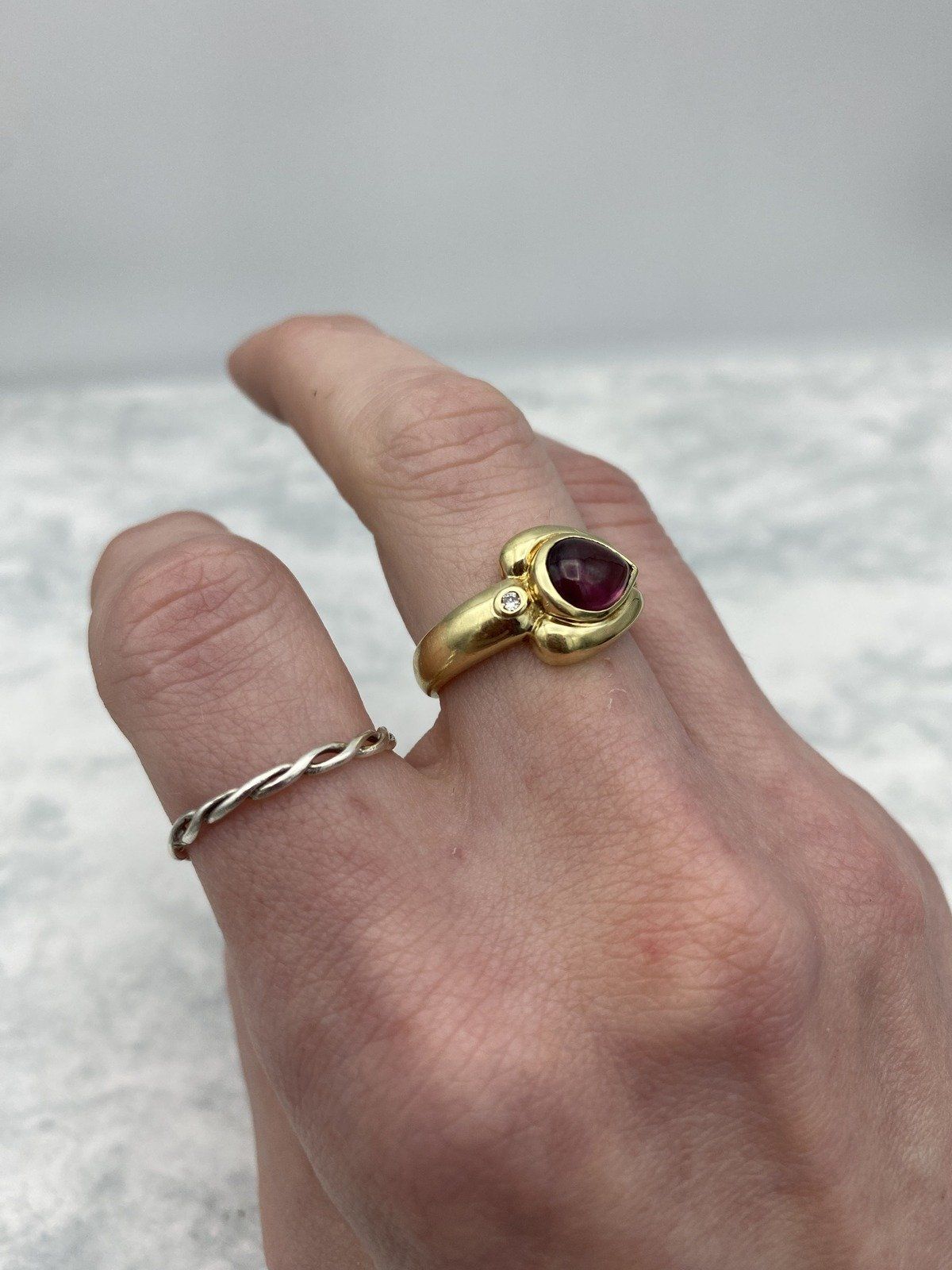 14k Gold Asymmetrical Pear Cab Rubellite Tourmaline Diamond Accented Curvature Ring 5