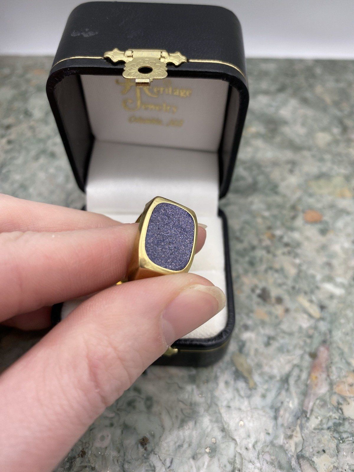 Men's Vintage 14k Gold Dutch Made Blue Goldstone Flush Bezel Ring 5