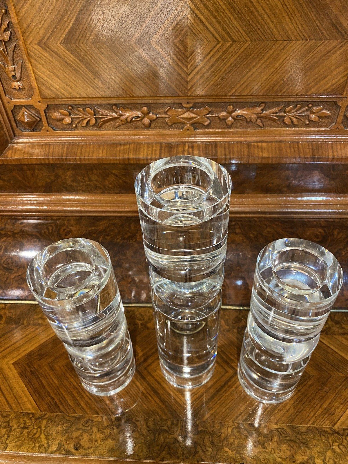 Modernist Minimal Clear Glass 3pc Candleholder SET 7