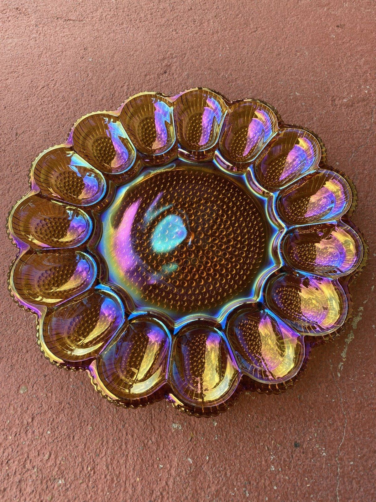 Marigold Vintage Carnival Glass Deviled Egg Scalloped + Hobnail Platter 14
