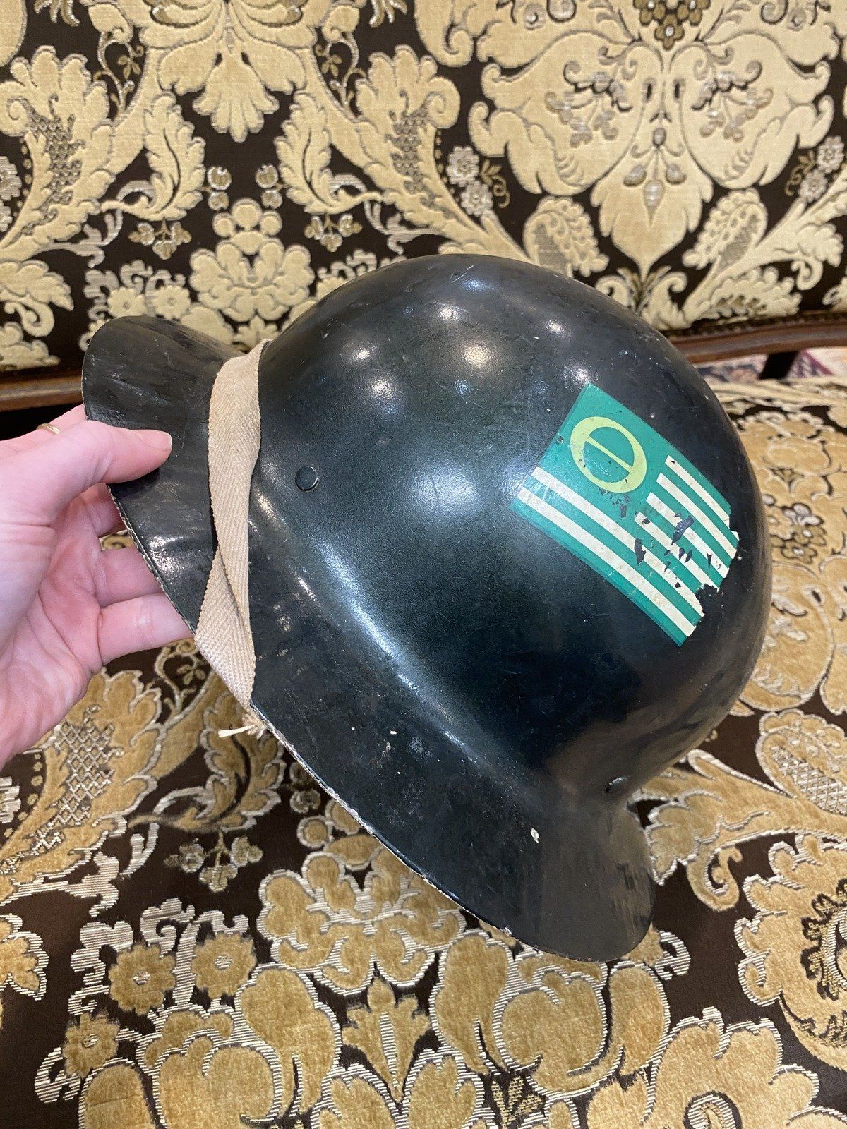 Vintage 1950s/60s Metal Foresters/Civilian Worker Hard Hat w 70s/80s Additional Folk Art Flag 10