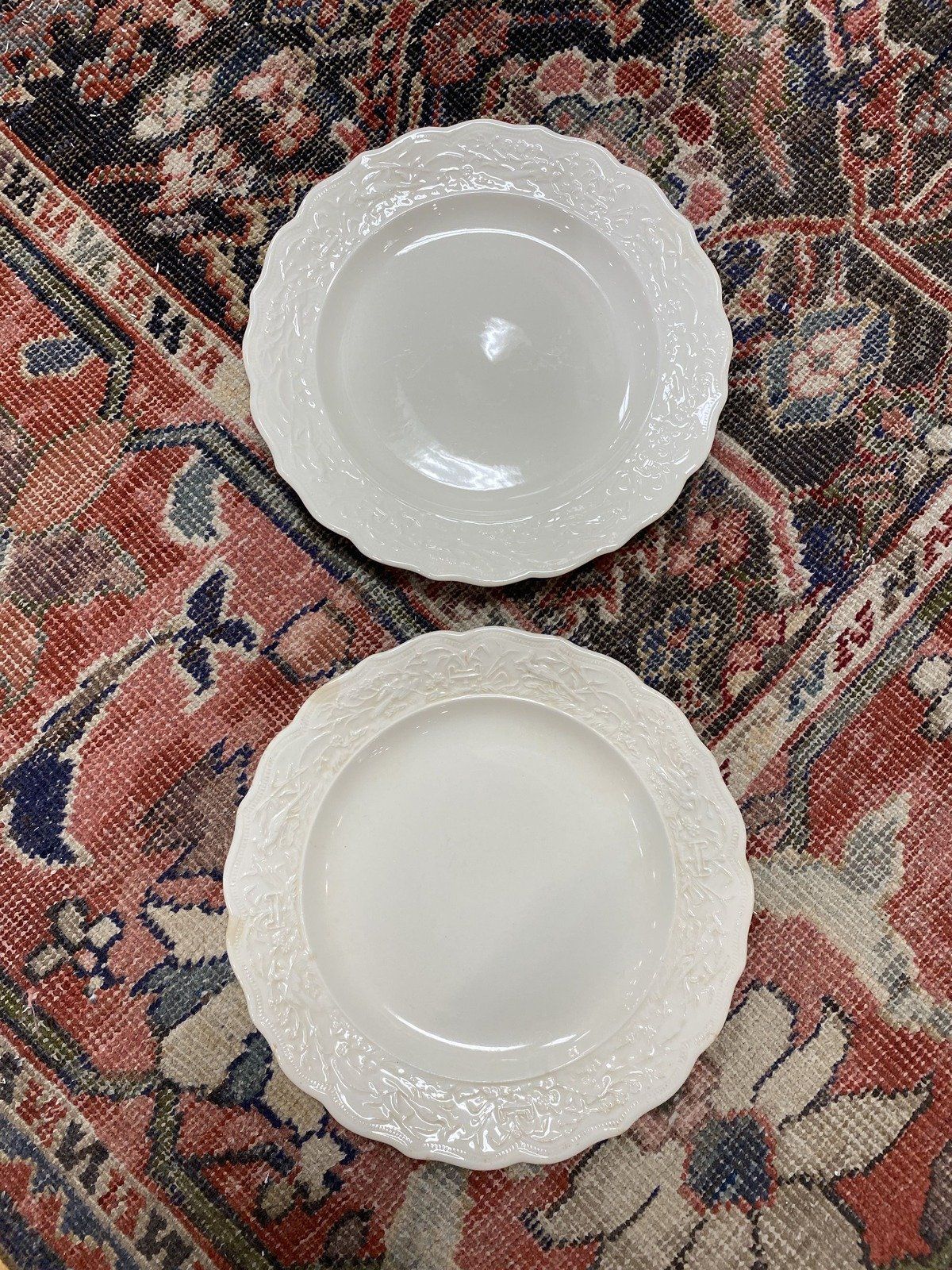 Pair of Antique White Glazed Ceramic Bird Motif Dinner Plates 4