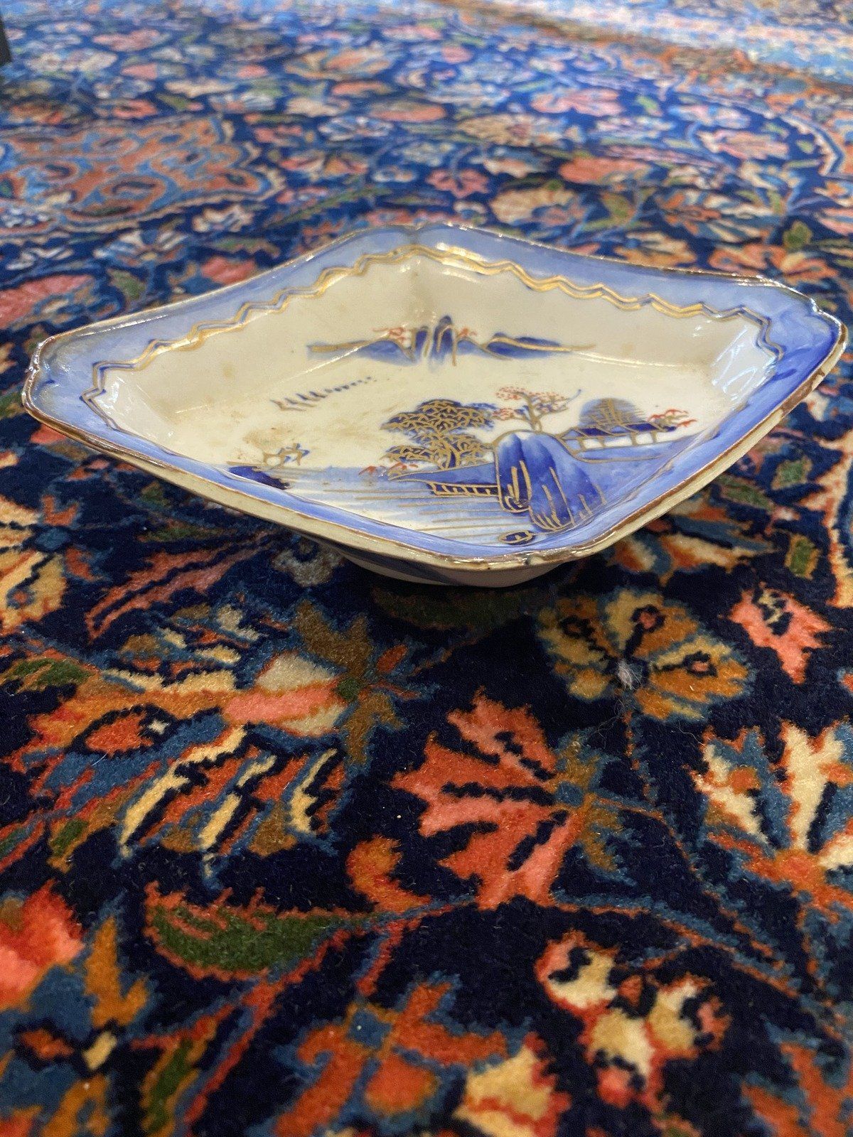 Japanese Ceramic Flow Blue Landscape Painted Dish 2