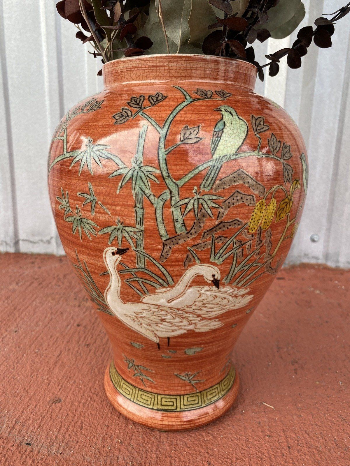 Large Oriental Swan Motif Porcelain Vase 3