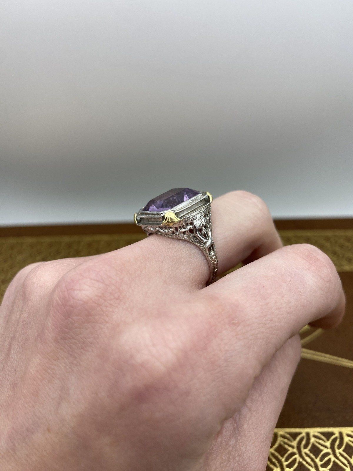 Antique 18k White Gold Large Filigree Art Deco c.1910s/20s Amethyst Cocktail Ring w Yellow Gold Details #2678 10