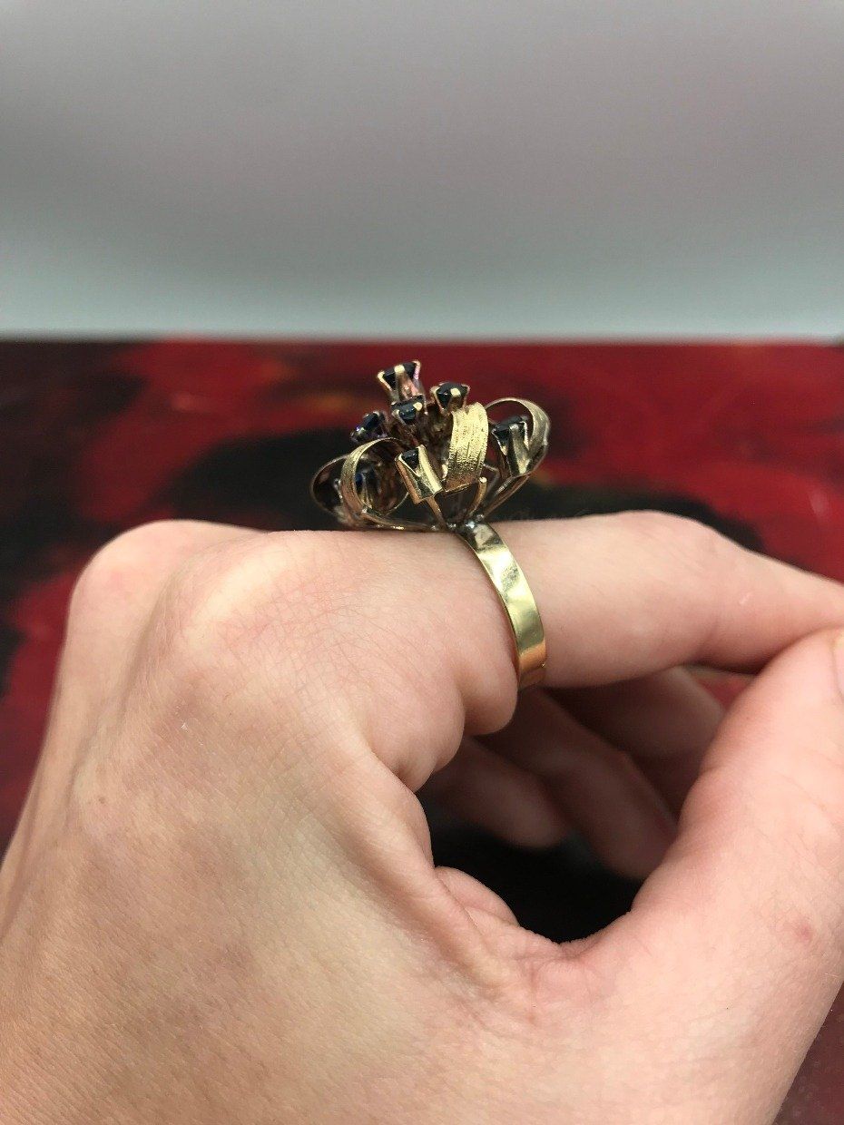 Breathtaking 10k Gold Natural Blue Sapphire Ribbon Flower Ring c.1950s 5