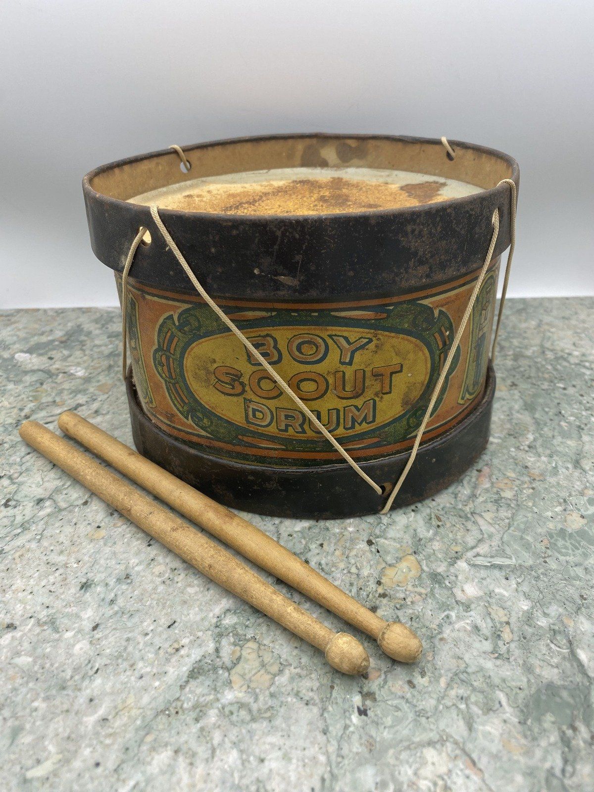 RARE Early 1900s Tin Patriotic Boy Scout Drum + Sticks PAT.c.1855