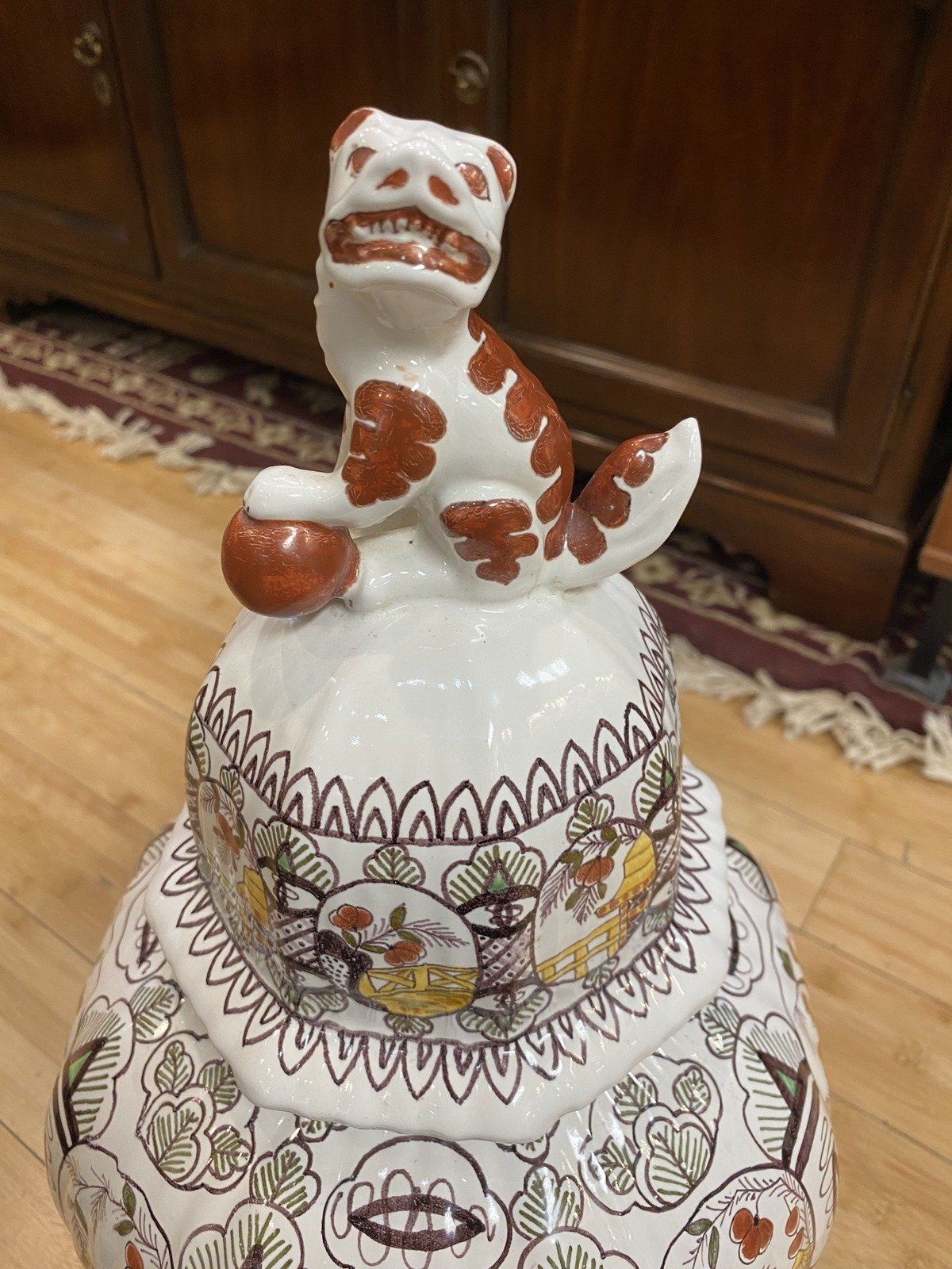 Antique Italian Made Japanese Influenced Figural Stoneware Ginger Jar w Foo Dog  Lid 3