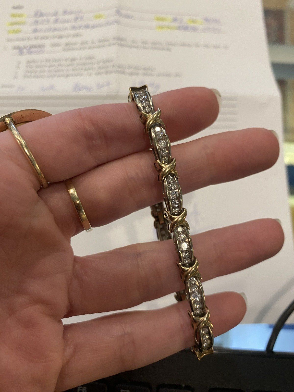 10k Dual Gold Channel Set Diamond Tennis Bracelet w Intersection Cross Link 6.5L #2580 12