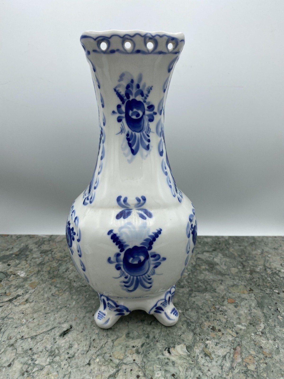 Dutch Delft Blue + White Rose Floral Footed Vase 2