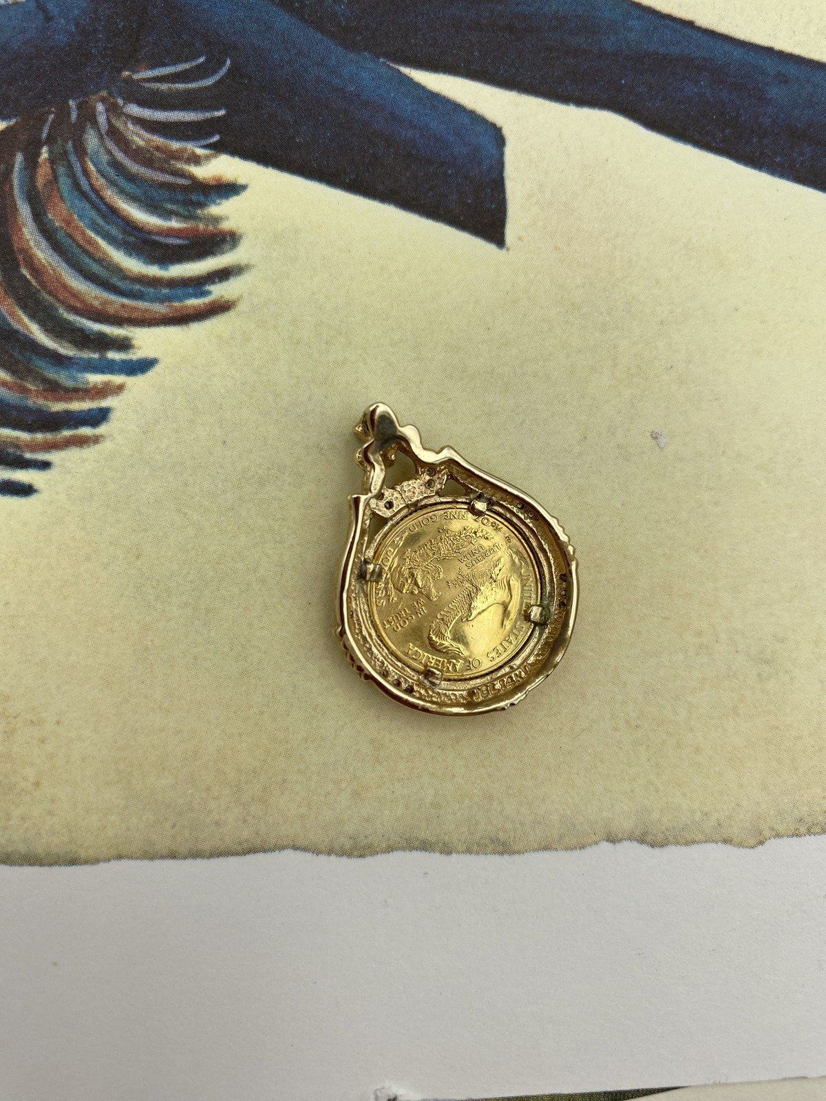 1/10 oz $5 American Gold Eagle Coin with 14k Ornate Dual Gold Bezel + Sapphire & Diamond Accents 2