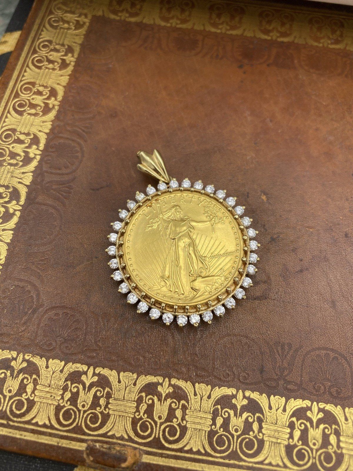 1/2 oz American Gold Eagle Coin Pendant with White Topaz Bezel 14K