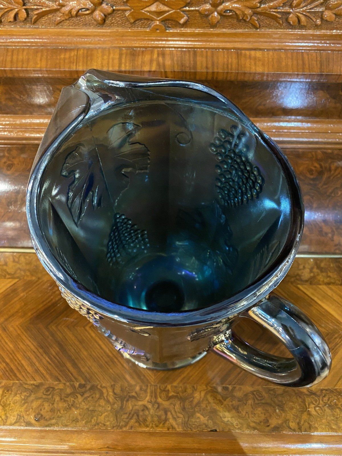 Electric Indiana Iridescent Blue Grape Vine Carnival Glass Drink Pitcher 3