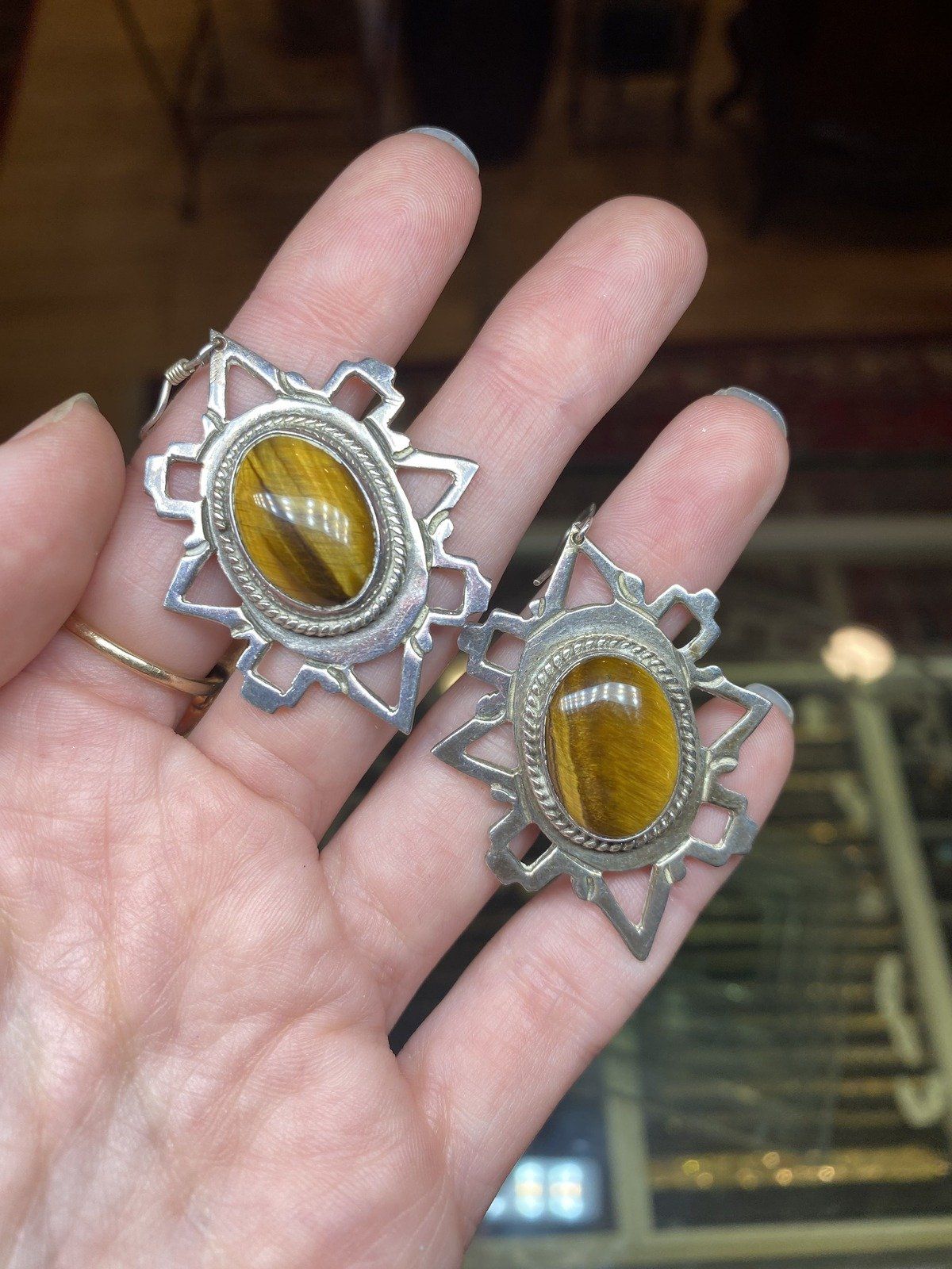 Cool Sterling Silver Mexico Vintage Tiger's Eye Statement Earrings 5