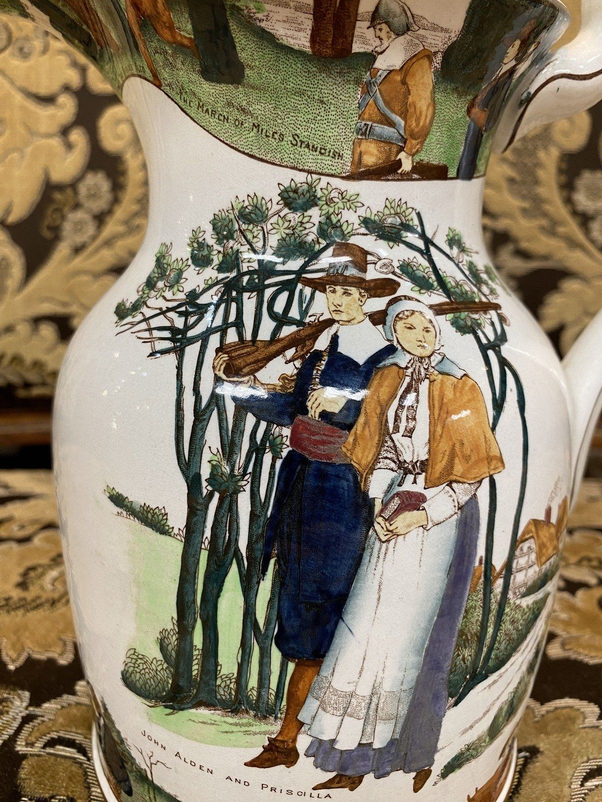 Antique c.1908 Ceramic Hand Painted Mayflower Pilgrimage Finely Detailed Buffalo Pottery Crock Milk Pitcher 9