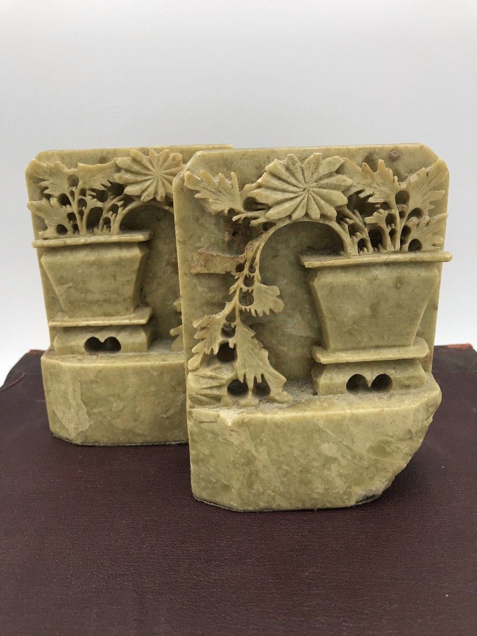 Pair of Sage Soapstone Carved Bookends 3