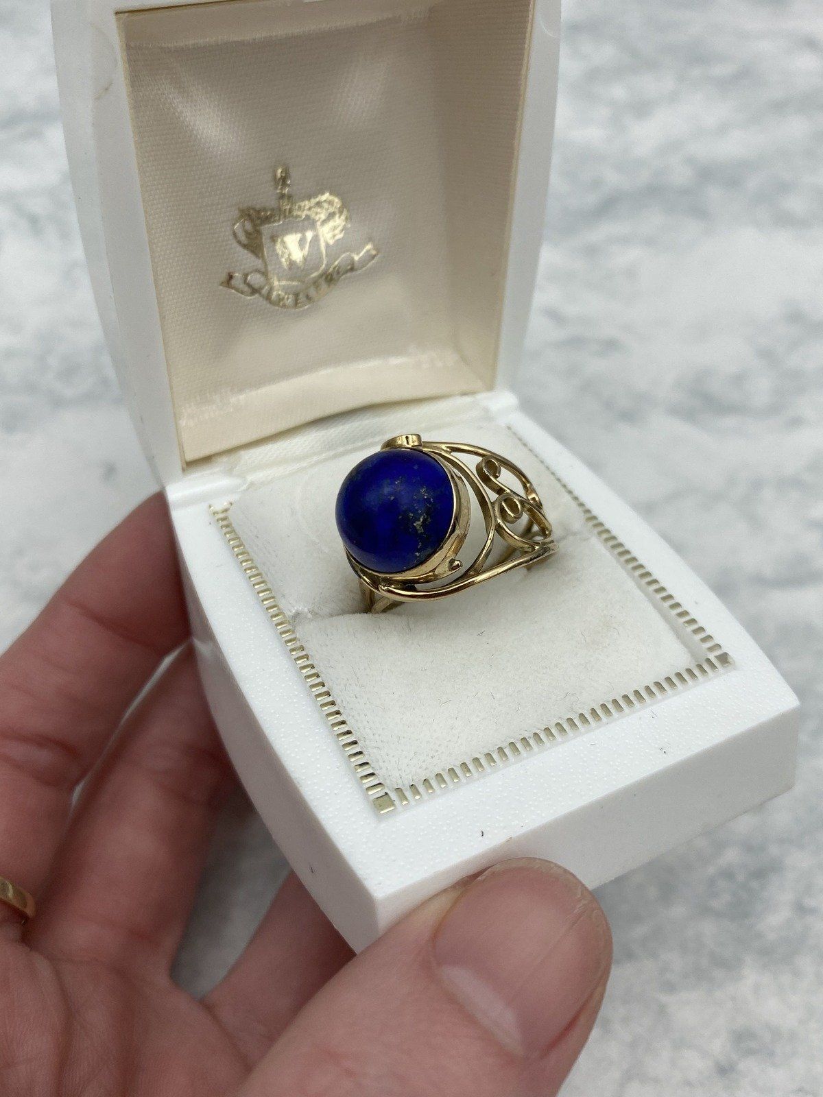 Vintage 14k Sculptural Lace Lapis Lazuli Polished Statement Ring 3