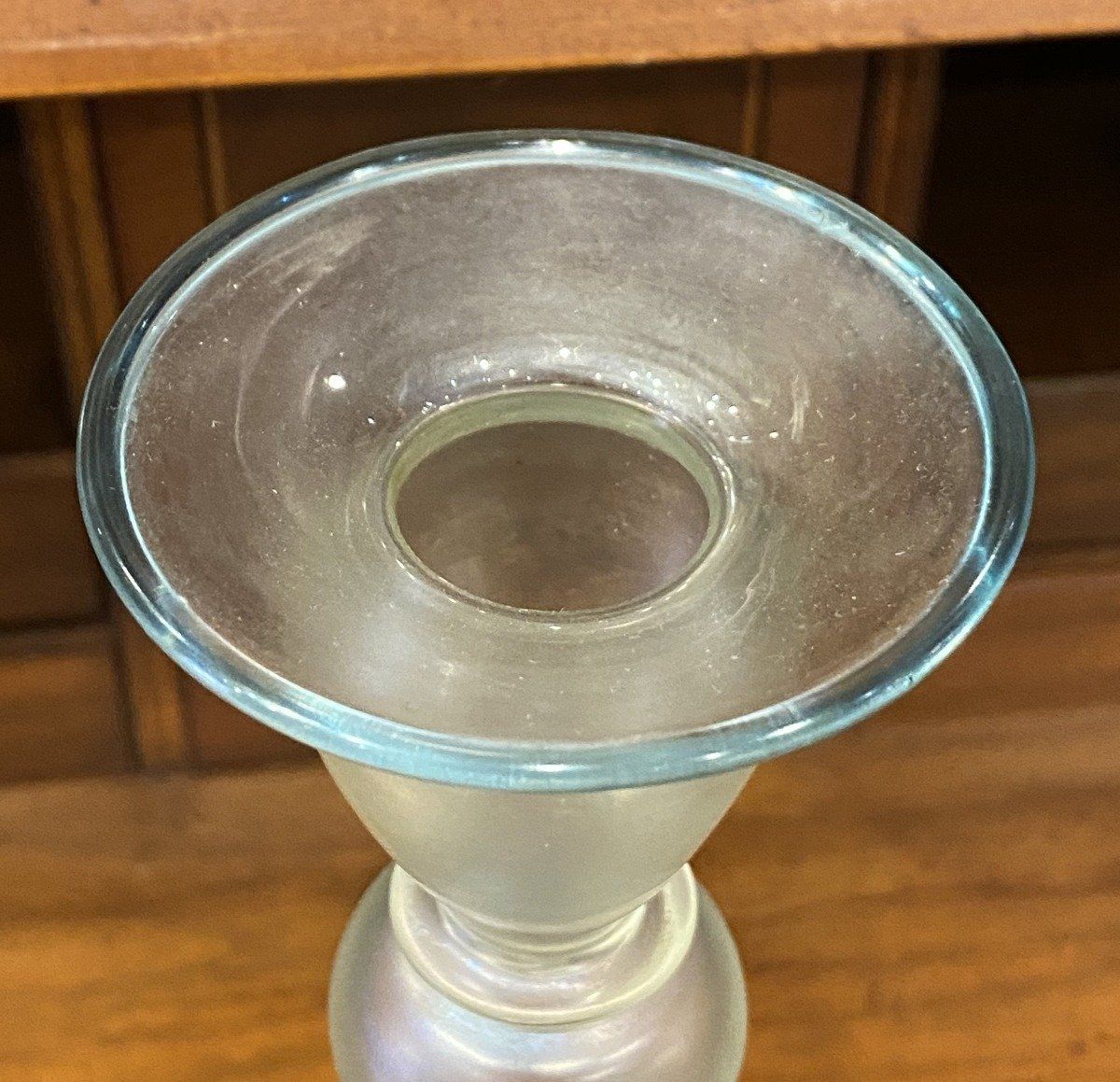 Steuben Cyprian Art Glass Candlestick w Celeste Blue Edge 4