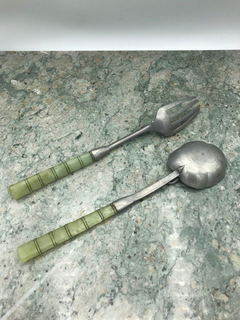 Vintage Chinese Etched Pewter + Bamboo Carved Jade Serving Utecils w Amethyst  Accents 4