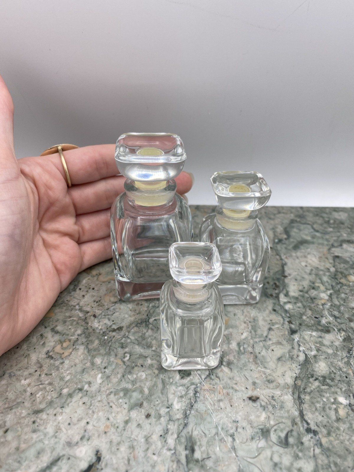 Set of 3 Varying Size Cubic Clear Glass Perfume Bottles 3