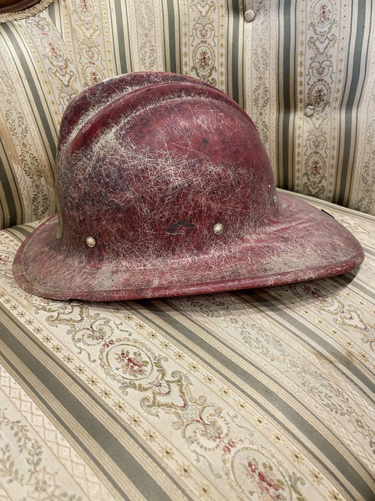 Vintage c.1970s/80s Red No.5 Fiberglass Fire Fighter Helmet w Personalized Interior Rim 2