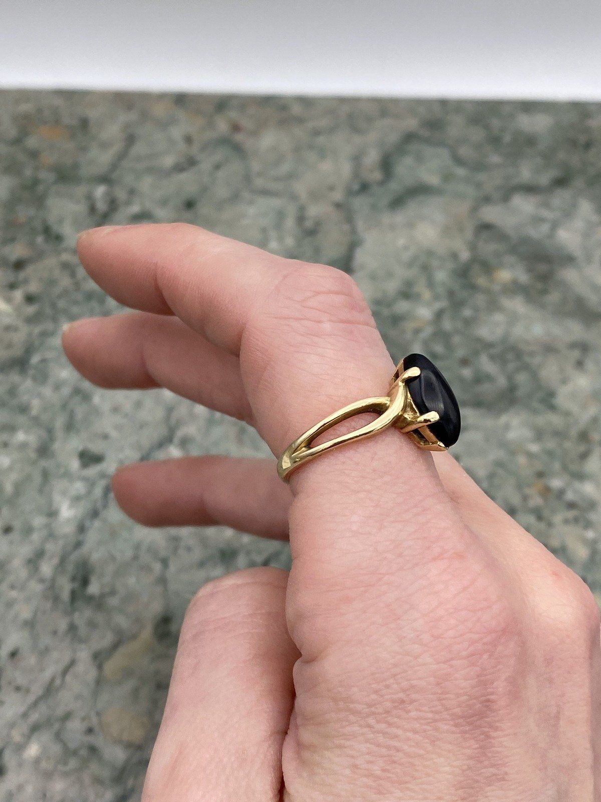 14k Gold Marquise Polished Black Onyx Navette Ring w Flared Shoulder 3