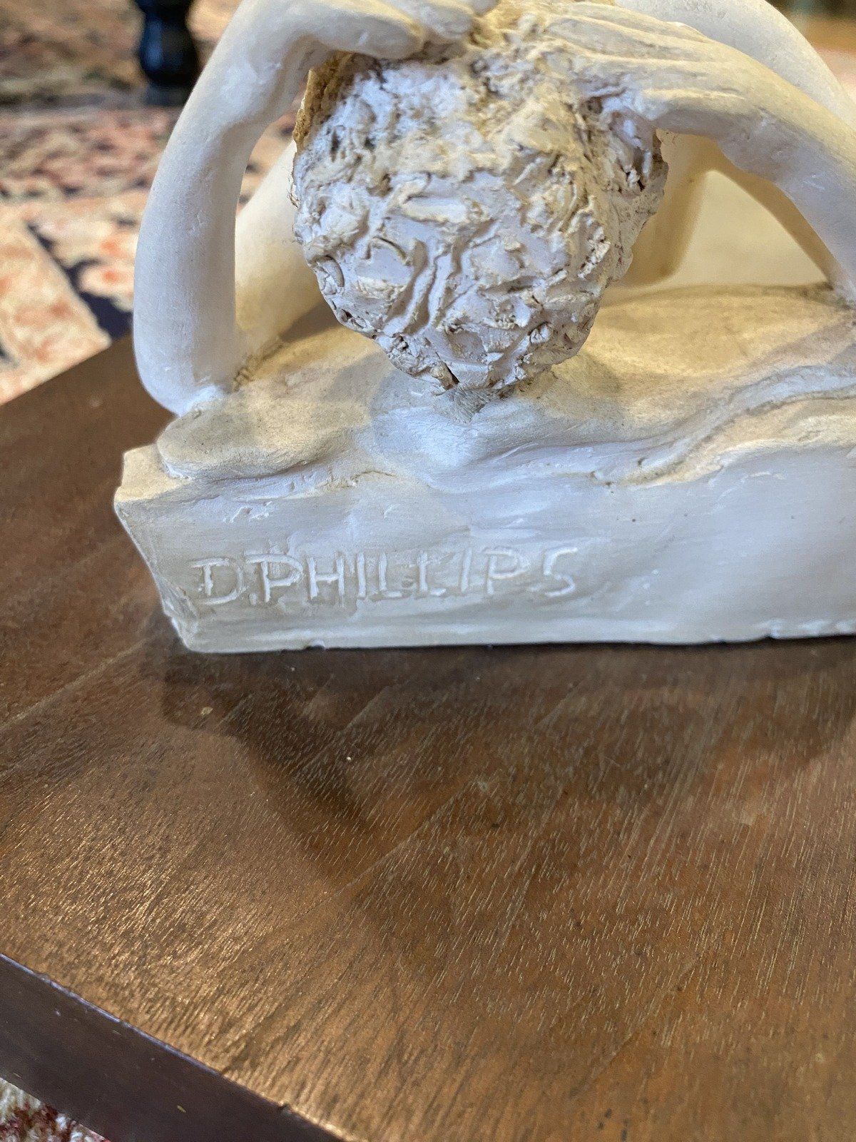 Signed Plaster Sculpture of Lying Figure w Wood Block Base D.PHILLIPS 7