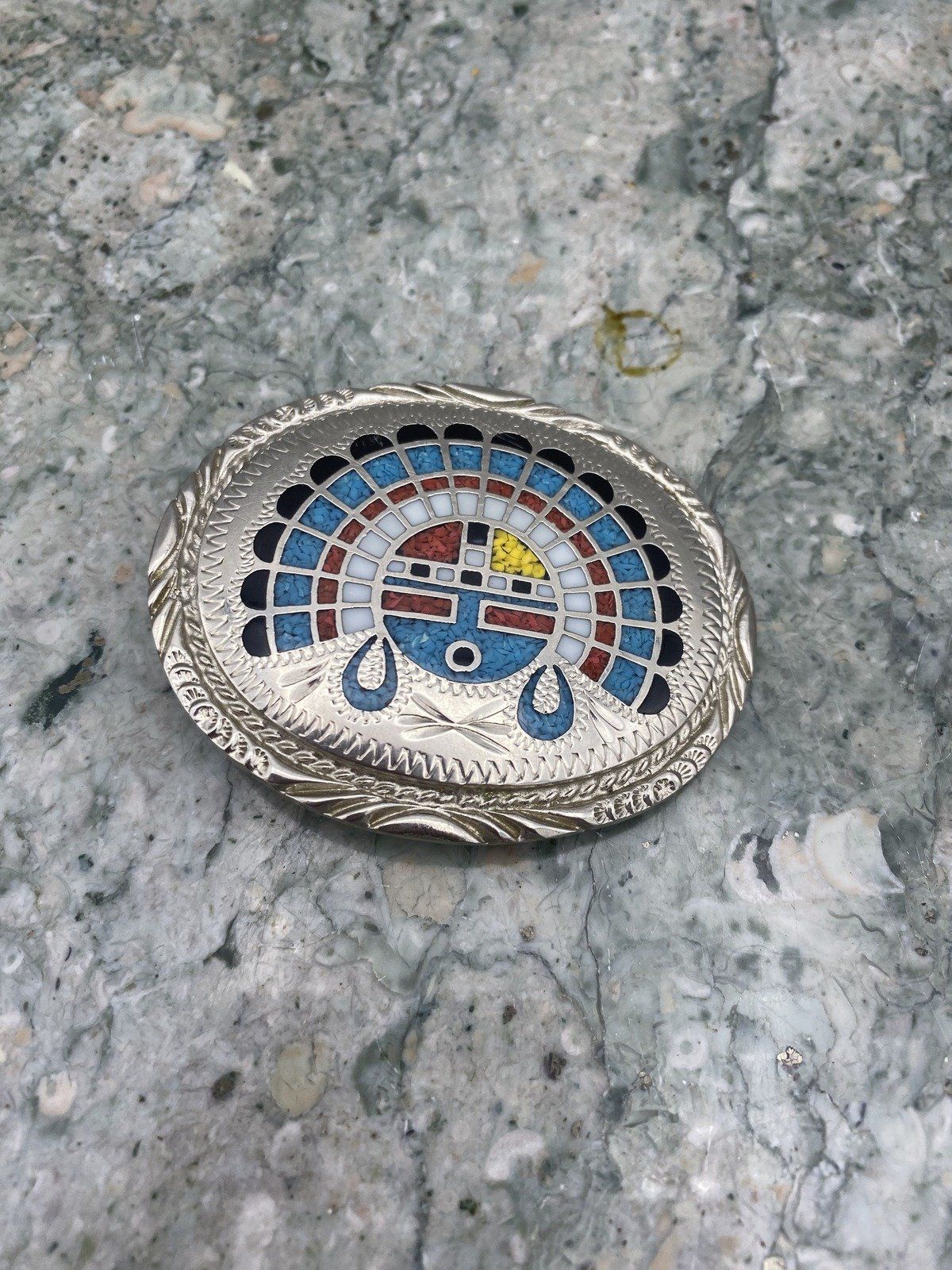 Vintage c.1980s SSI Signed Kachina Inlaid Belt Buckle
